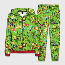 Мужской костюм 3D с принтом Сочные фрукты паттерн в Тюмени, 100% полиэстер | Манжеты и пояс оформлены тканевой резинкой, двухслойный капюшон со шнурком для регулировки, карманы спереди | виноград | лето | лимон | сочные | фрукты | ягоды