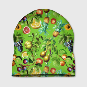 Шапка 3D с принтом Сочные фрукты паттерн в Новосибирске, 100% полиэстер | универсальный размер, печать по всей поверхности изделия | виноград | лето | лимон | сочные | фрукты | ягоды