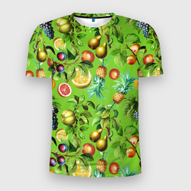 Мужская футболка 3D Slim с принтом Сочные фрукты паттерн в Тюмени, 100% полиэстер с улучшенными характеристиками | приталенный силуэт, круглая горловина, широкие плечи, сужается к линии бедра | виноград | лето | лимон | сочные | фрукты | ягоды