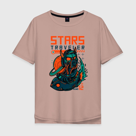 Мужская футболка хлопок Oversize с принтом Звёздный путешественник , 100% хлопок | свободный крой, круглый ворот, “спинка” длиннее передней части | звезда | инопланетянин | корабль | планета | пришелец | путешественник