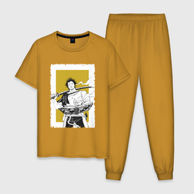 Мужская пижама хлопок с принтом Стильный Ями в Санкт-Петербурге, 100% хлопок | брюки и футболка прямого кроя, без карманов, на брюках мягкая резинка на поясе и по низу штанин
 | anime | black clover | аниме | анимэ | чёрный клевер | ями сукэхиро