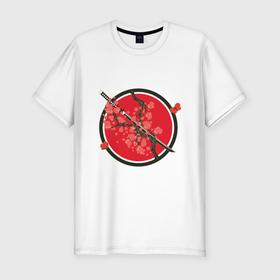 Мужская футболка хлопок Slim с принтом Японский меч, катана и ветви с красными цветами в Кировске, 92% хлопок, 8% лайкра | приталенный силуэт, круглый вырез ворота, длина до линии бедра, короткий рукав | абстрактный | азия | весна | катана | красный | меч | минимализм | природа | растительный | сакура | цветы | япония
