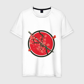 Мужская футболка хлопок с принтом Японский меч, катана и ветви с красными цветами в Белгороде, 100% хлопок | прямой крой, круглый вырез горловины, длина до линии бедер, слегка спущенное плечо. | абстрактный | азия | весна | катана | красный | меч | минимализм | природа | растительный | сакура | цветы | япония