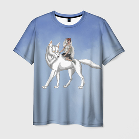 Мужская футболка 3D с принтом Принцесса Мононоке и волк в Тюмени, 100% полиэфир | прямой крой, круглый вырез горловины, длина до линии бедер | аниме | волк | мононоке | небо | облака