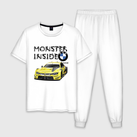 Мужская пижама хлопок с принтом BMW   M Power   Monster inside в Кировске, 100% хлопок | брюки и футболка прямого кроя, без карманов, на брюках мягкая резинка на поясе и по низу штанин
 | Тематика изображения на принте: bmw | car | germany | monster | motorsport | power | racing | team | автомобиль | автоспорт | бмв | германия | еонка | монстр | мощь