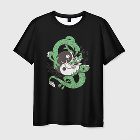 Мужская футболка 3D с принтом Зеленый dragoon , 100% полиэфир | прямой крой, круглый вырез горловины, длина до линии бедер | Тематика изображения на принте: дракон | змея | инь | инь янь | янь