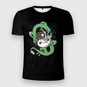 Мужская футболка 3D Slim с принтом Зеленый dragoon в Кировске, 100% полиэстер с улучшенными характеристиками | приталенный силуэт, круглая горловина, широкие плечи, сужается к линии бедра | дракон | змея | инь | инь янь | янь