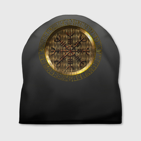 Шапка 3D с принтом Шлем ужаса золотой , 100% полиэстер | универсальный размер, печать по всей поверхности изделия | Тематика изображения на принте: агисхьяльм | викинг | воин | патриот | патриотизм | руны | русь | славянские обереги | славянские символы | шлем ужаса