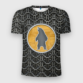 Мужская футболка 3D Slim с принтом медведь оберег в Новосибирске, 100% полиэстер с улучшенными характеристиками | приталенный силуэт, круглая горловина, широкие плечи, сужается к линии бедра | викинг | воин | кольчуга | медведь | патриот | патриотизм | россия | русь | славянские обереги | славянские символы