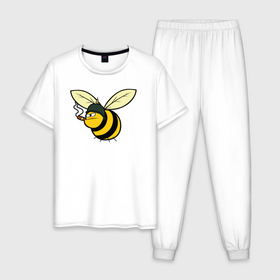 Мужская пижама хлопок с принтом Пчелка в каске с сигарой в Кировске, 100% хлопок | брюки и футболка прямого кроя, без карманов, на брюках мягкая резинка на поясе и по низу штанин
 | bee | каска | пчела | пчелка