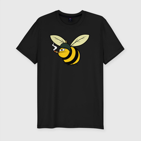 Мужская футболка хлопок Slim с принтом Пчелка в каске с сигарой в Кировске, 92% хлопок, 8% лайкра | приталенный силуэт, круглый вырез ворота, длина до линии бедра, короткий рукав | bee | каска | пчела | пчелка