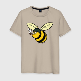 Мужская футболка хлопок с принтом Пчелка в каске с сигарой в Екатеринбурге, 100% хлопок | прямой крой, круглый вырез горловины, длина до линии бедер, слегка спущенное плечо. | bee | каска | пчела | пчелка