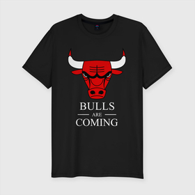 Мужская футболка хлопок Slim с принтом Chicago Bulls are coming Чикаго Буллз в Курске, 92% хлопок, 8% лайкра | приталенный силуэт, круглый вырез ворота, длина до линии бедра, короткий рукав | Тематика изображения на принте: bulls | chicago | chicago bulls | nba | баскетбол | буллз | нба | чикаго | чикаго буллз