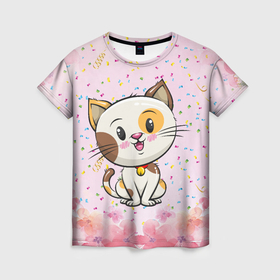 Женская футболка 3D с принтом Милый пятнистый котик в Петрозаводске, 100% полиэфир ( синтетическое хлопкоподобное полотно) | прямой крой, круглый вырез горловины, длина до линии бедер | cat | детский | кот | котик | пятнистый кот
