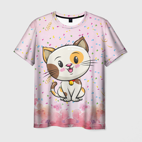 Мужская футболка 3D с принтом Милый пятнистый котик в Тюмени, 100% полиэфир | прямой крой, круглый вырез горловины, длина до линии бедер | Тематика изображения на принте: cat | детский | кот | котик | пятнистый кот