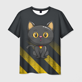 Мужская футболка 3D с принтом Черный кот  желтые полосы в Кировске, 100% полиэфир | прямой крой, круглый вырез горловины, длина до линии бедер | кот | котенок | котик | кошка | черный кот