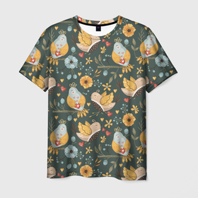 Мужская футболка 3D с принтом Желтые птицы и цветы в Новосибирске, 100% полиэфир | прямой крой, круглый вырез горловины, длина до линии бедер | желтые птицы | птица | птичка | птички | цветочки | цветы
