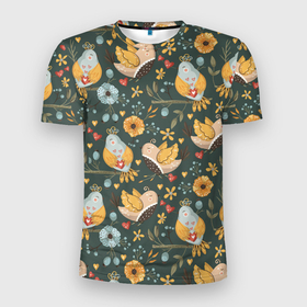Мужская футболка 3D Slim с принтом Желтые птицы и цветы в Тюмени, 100% полиэстер с улучшенными характеристиками | приталенный силуэт, круглая горловина, широкие плечи, сужается к линии бедра | Тематика изображения на принте: желтые птицы | птица | птичка | птички | цветочки | цветы