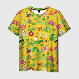 Мужская футболка 3D с принтом Фрукты, лето в Екатеринбурге, 100% полиэфир | прямой крой, круглый вырез горловины, длина до линии бедер | виноград | лето | лимон | персик | сладости | фрукты