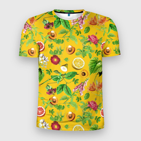 Мужская футболка 3D Slim с принтом Фрукты, лето в Кировске, 100% полиэстер с улучшенными характеристиками | приталенный силуэт, круглая горловина, широкие плечи, сужается к линии бедра | виноград | лето | лимон | персик | сладости | фрукты