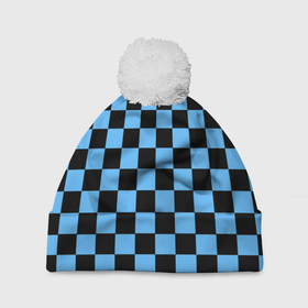 Шапка 3D c помпоном с принтом Шахматная доска   Синяя , 100% полиэстер | универсальный размер, печать по всей поверхности изделия | в клетку | квадрат | квадратики | синий | шахматный принт | шахматы | шашки