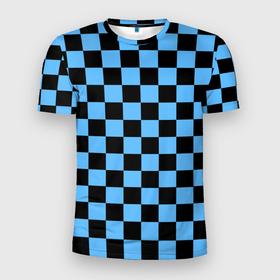 Мужская футболка 3D Slim с принтом Шахматная доска   Синяя в Кировске, 100% полиэстер с улучшенными характеристиками | приталенный силуэт, круглая горловина, широкие плечи, сужается к линии бедра | в клетку | квадрат | квадратики | синий | шахматный принт | шахматы | шашки