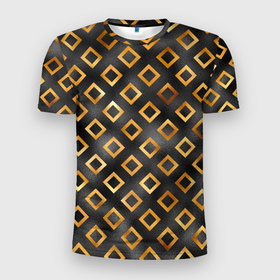 Мужская футболка 3D Slim с принтом Ромбы золотого цвета в Тюмени, 100% полиэстер с улучшенными характеристиками | приталенный силуэт, круглая горловина, широкие плечи, сужается к линии бедра | Тематика изображения на принте: абстракция | золото | квадраты | ромб | ромбики | ромбы