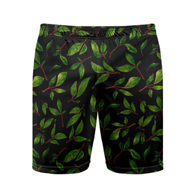 Мужские шорты спортивные с принтом яркие зеленые листья на черном фоне в Санкт-Петербурге,  |  | зеленые листья | зелень | лето | лист | листья