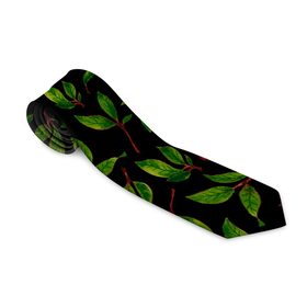 Галстук 3D с принтом яркие зеленые листья на черном фоне в Новосибирске, 100% полиэстер | Длина 148 см; Плотность 150-180 г/м2 | Тематика изображения на принте: зеленые листья | зелень | лето | лист | листья