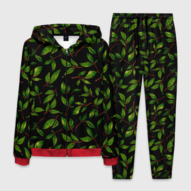 Мужской костюм 3D с принтом яркие зеленые листья на черном фоне в Курске, 100% полиэстер | Манжеты и пояс оформлены тканевой резинкой, двухслойный капюшон со шнурком для регулировки, карманы спереди | зеленые листья | зелень | лето | лист | листья