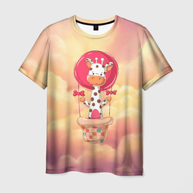 Мужская футболка 3D с принтом Жираф на воздушном шаре , 100% полиэфир | прямой крой, круглый вырез горловины, длина до линии бедер | воздушный шар | жираф | закат | небо | шар