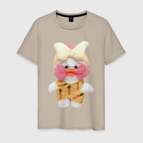 Мужская футболка хлопок с принтом lalafanfan duck в плоточке в Белгороде, 100% хлопок | прямой крой, круглый вырез горловины, длина до линии бедер, слегка спущенное плечо. | duck | lalafanfan duck | желтая утка | корея | лалафанфан | утка
