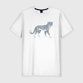 Мужская футболка хлопок Slim с принтом Водяной голубой тигр, символ 2022 в Курске, 92% хлопок, 8% лайкра | приталенный силуэт, круглый вырез ворота, длина до линии бедра, короткий рукав | 1962 | 1974 | 1986 | 1998 | 2010 | 2022 | водяной | зверь | кот | полосатый | синий | тигр