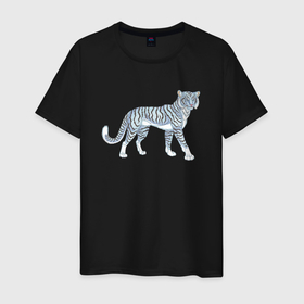 Мужская футболка хлопок с принтом Водяной голубой тигр, символ 2022 , 100% хлопок | прямой крой, круглый вырез горловины, длина до линии бедер, слегка спущенное плечо. | Тематика изображения на принте: 1962 | 1974 | 1986 | 1998 | 2010 | 2022 | водяной | зверь | кот | полосатый | синий | тигр