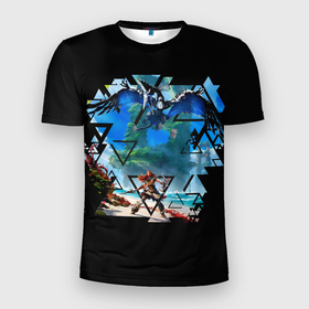 Мужская футболка 3D Slim с принтом Horizon Forbidden West Элой на  пляже в Курске, 100% полиэстер с улучшенными характеристиками | приталенный силуэт, круглая горловина, широкие плечи, сужается к линии бедра | aloy | forbidden | horizon | west | запад | пляж | элой