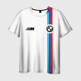 Мужская футболка 3D с принтом БМВ | 3 STRIPE | BMW WHITE в Курске, 100% полиэфир | прямой крой, круглый вырез горловины, длина до линии бедер | bmw | m3 | m5 | motosport | x5 | x6 | автомобиль | бмв | бумер | бэшка