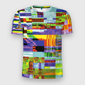 Мужская футболка 3D Slim с принтом Vanguard glitch fashion pattern 2022 , 100% полиэстер с улучшенными характеристиками | приталенный силуэт, круглая горловина, широкие плечи, сужается к линии бедра | abstraction | color | fashion | glitch | pattern | vanguard | абстракция | авангард | глитч | мода | узор | цвет