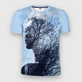 Мужская футболка 3D Slim с принтом Нежность весны в Санкт-Петербурге, 100% полиэстер с улучшенными характеристиками | приталенный силуэт, круглая горловина, широкие плечи, сужается к линии бедра | Тематика изображения на принте: весна | девушка | деревтя | нежность | природа | профиль | холод