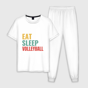 Мужская пижама хлопок с принтом Eat   Sleep   Volleyball , 100% хлопок | брюки и футболка прямого кроя, без карманов, на брюках мягкая резинка на поясе и по низу штанин
 | Тематика изображения на принте: game | sport | volley | volleyball | волейбол | волейболист | волейболистка | игра | мяч | пальма | пляж | спорт | спортсмен