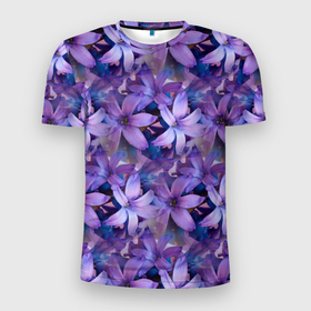Мужская футболка 3D Slim с принтом Фиолетовая сирень в Кировске, 100% полиэстер с улучшенными характеристиками | приталенный силуэт, круглая горловина, широкие плечи, сужается к линии бедра | паттерн | сирень | фиолетовые цветы | цветочки | цветы