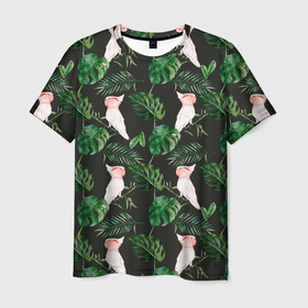 Мужская футболка 3D с принтом Белые попугаи и листья , 100% полиэфир | прямой крой, круглый вырез горловины, длина до линии бедер | африка | зелень | листья | попугаи | попугай | птицы