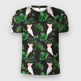 Мужская футболка 3D Slim с принтом Белые попугаи и листья в Белгороде, 100% полиэстер с улучшенными характеристиками | приталенный силуэт, круглая горловина, широкие плечи, сужается к линии бедра | африка | зелень | листья | попугаи | попугай | птицы