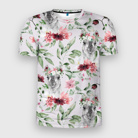 Мужская футболка 3D Slim с принтом Ламы и цветы в Белгороде, 100% полиэстер с улучшенными характеристиками | приталенный силуэт, круглая горловина, широкие плечи, сужается к линии бедра | Тематика изображения на принте: лама | ламы | паттерн | цветочки | цветы