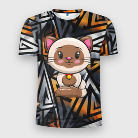 Мужская футболка 3D Slim с принтом милый пятнистый котенок в Тюмени, 100% полиэстер с улучшенными характеристиками | приталенный силуэт, круглая горловина, широкие плечи, сужается к линии бедра | Тематика изображения на принте: кот | котенок | котик | кошка | пятнистый кот