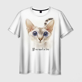 Мужская футболка 3D с принтом All we need is love   Все что нам нужно это любовь. в Санкт-Петербурге, 100% полиэфир | прямой крой, круглый вырез горловины, длина до линии бедер | handeyework | кот | котики | коты | кошки | любовь