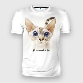 Мужская футболка 3D Slim с принтом All we need is love   Все что нам нужно это любовь. в Новосибирске, 100% полиэстер с улучшенными характеристиками | приталенный силуэт, круглая горловина, широкие плечи, сужается к линии бедра | handeyework | кот | котики | коты | кошки | любовь
