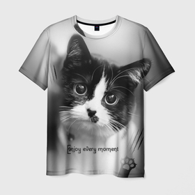Мужская футболка 3D с принтом Enjoy every moment   Наслаждайся каждым моментом. в Новосибирске, 100% полиэфир | прямой крой, круглый вырез горловины, длина до линии бедер | Тематика изображения на принте: handeyework | детское | кот | коте | кошки | чб | черно белое