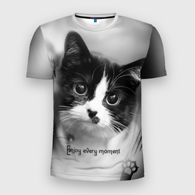Мужская футболка 3D Slim с принтом Enjoy every moment   Наслаждайся каждым моментом. в Новосибирске, 100% полиэстер с улучшенными характеристиками | приталенный силуэт, круглая горловина, широкие плечи, сужается к линии бедра | handeyework | детское | кот | коте | кошки | чб | черно белое