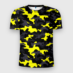 Мужская футболка 3D Slim с принтом Камуфляж Чёрно Жёлтый , 100% полиэстер с улучшенными характеристиками | приталенный силуэт, круглая горловина, широкие плечи, сужается к линии бедра | Тематика изображения на принте: black | camo | yellow | жёлтый | камуфляж | сamouflage | чёрный