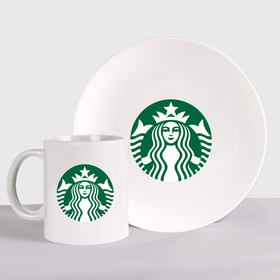 Набор: тарелка + кружка с принтом Starbucks Coffee в Екатеринбурге, керамика | Кружка: объем — 330 мл, диаметр — 80 мм. Принт наносится на бока кружки, можно сделать два разных изображения. 
Тарелка: диаметр - 210 мм, диаметр для нанесения принта - 120 мм. | 